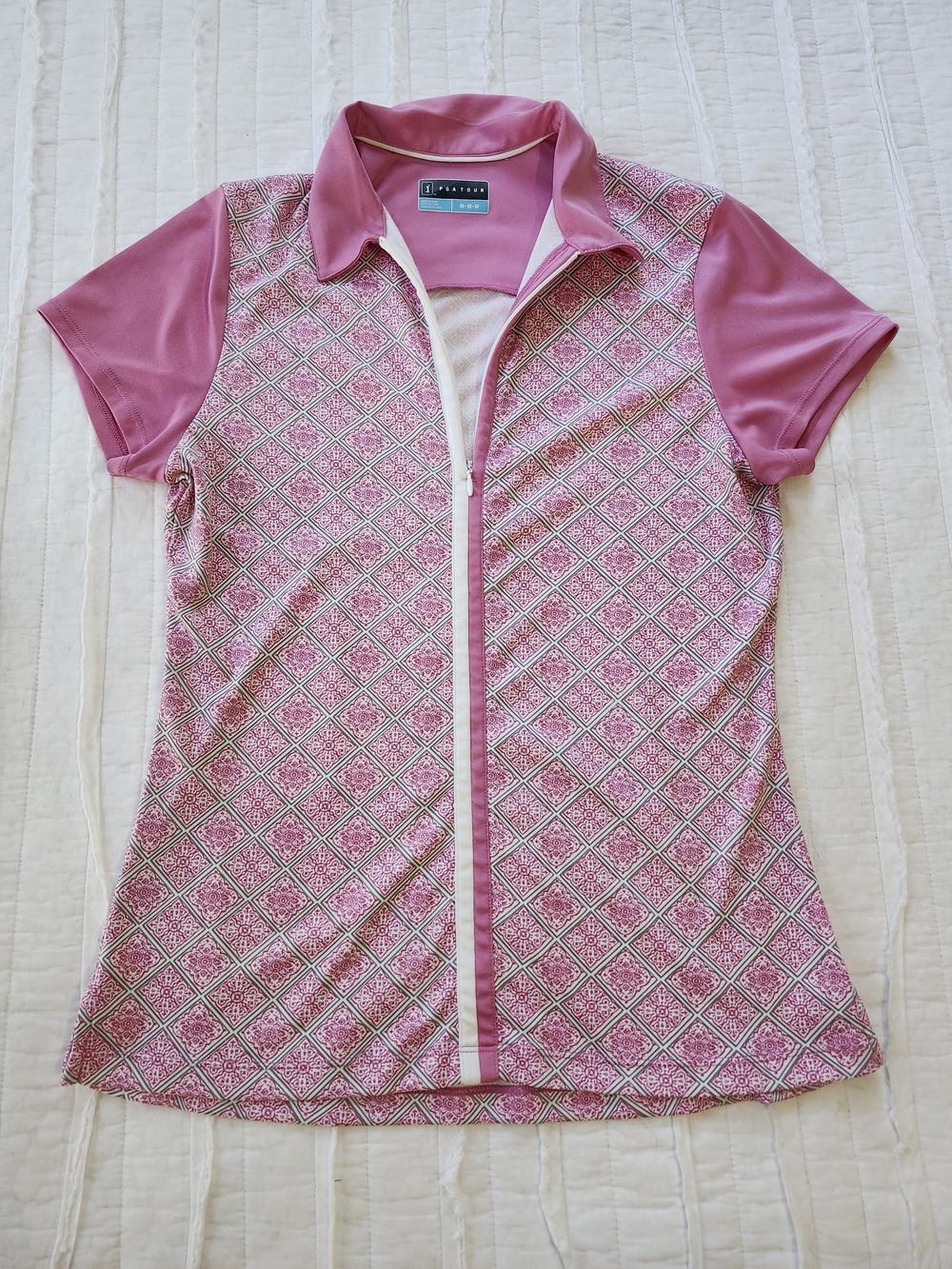 PGA TOUR Women's Golf Polo M Pink White Geometric Floral 1/2 Zip Performance Top